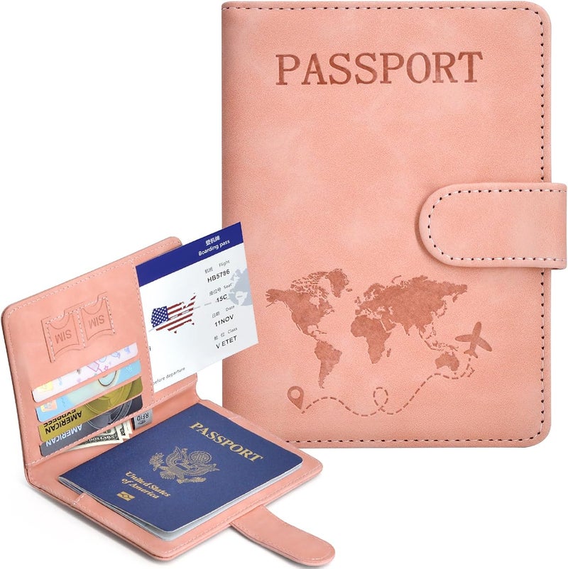 KAOBAN Passport Holder, Passport Cover with Credit Card Slot and Boarding Pass Slot Combo, Passport Wallet Case Book Travel Must Have, RFID Blocking Leather Travel Accessories, Pink - Image 2